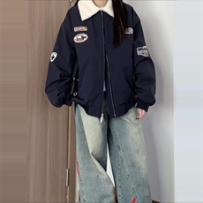 翻领摇粒绒拼色绣标棉服2025年秋冬棒球服宽松夹克加厚棉衣外套，男装夹克，星座506A