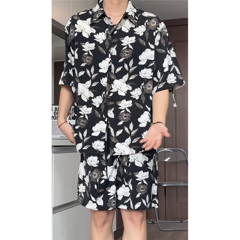 短袖衬衫男+短裤男套装男100%聚酯纤维M-5XL大码TZ78709P50控98,男装休闲套装,星座226-1