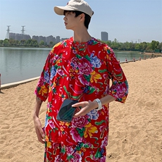 A340男士休闲大花透气凉爽风T恤七分袖春夏新大妈套头衫团队，男装T恤，星座115A(原星座507）