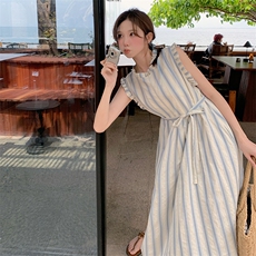 法式小清新条纹度假背心连衣裙女装新款夏季小个子宽松减龄长裙子，女装连衣裙，C位