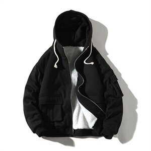 709-MY17-P9520冬款冬季全棉保暖羊羔毛纯色棉服连帽休闲外套男,日式休闲搭配示范图片
