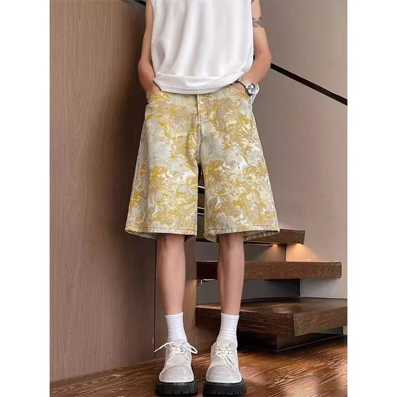 百搭潮流新款无品牌花裤衩牛仔短裤海边穿搭五分裤子原宿文艺日系，男装牛仔裤，星座506A