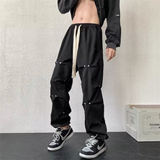 休闲裤男韩版潮流港风潮牌柳钉褶皱工装裤宽松阔腿秋季K9053-p45，男装工装外套，星座1008-1
