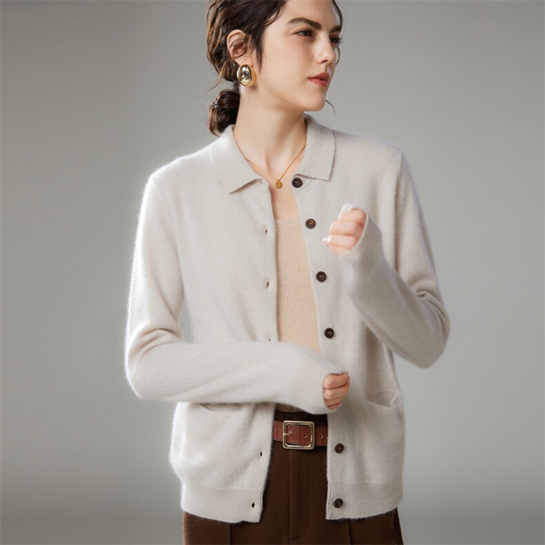 单排扣35%山羊绒POLO领长袖纯色2024年秋季针织衫,女装羊绒衫,萨奥羊绒