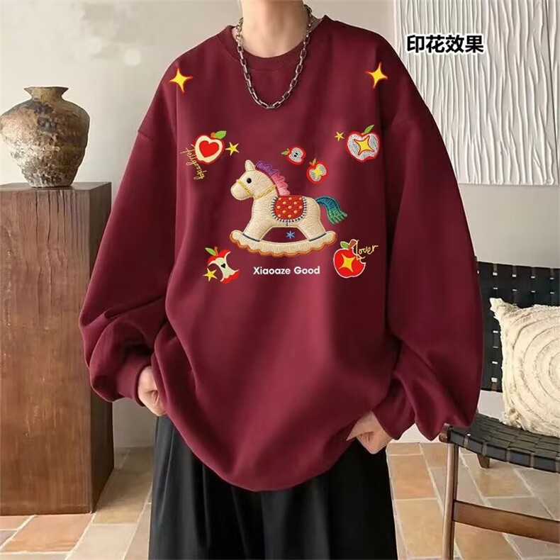 1506-1/WA2-161/P42卫衣男女款休闲宽松印花圆领上衣服情侣红色，男装卫衣，星座1506-1