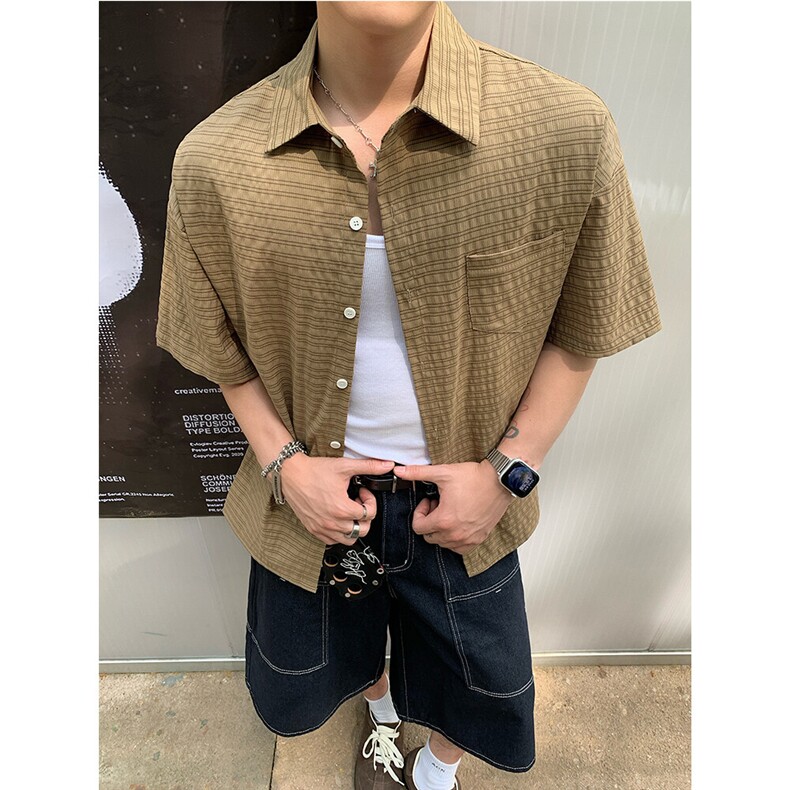 原创美式潮流复古条纹泡泡格肌理感夏季衬衫短袖男士衬衣P35,男装T恤,电商C306-1