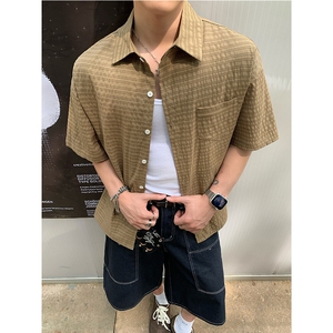 原创美式潮流复古条纹泡泡格肌理感夏季衬衫短袖男士衬衣 P35图片