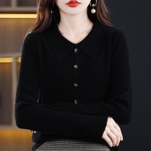 POLO领精纺羊毛开衫女坑条长袖针织外套上衣高级宽松休闲毛衣外搭,灰色毛呢大衣保暖搭配男图片