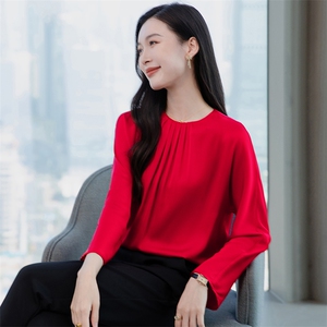 高端真丝上衣女长袖T恤2026春季圆领气质妈妈印花重磅真丝小衫t图片