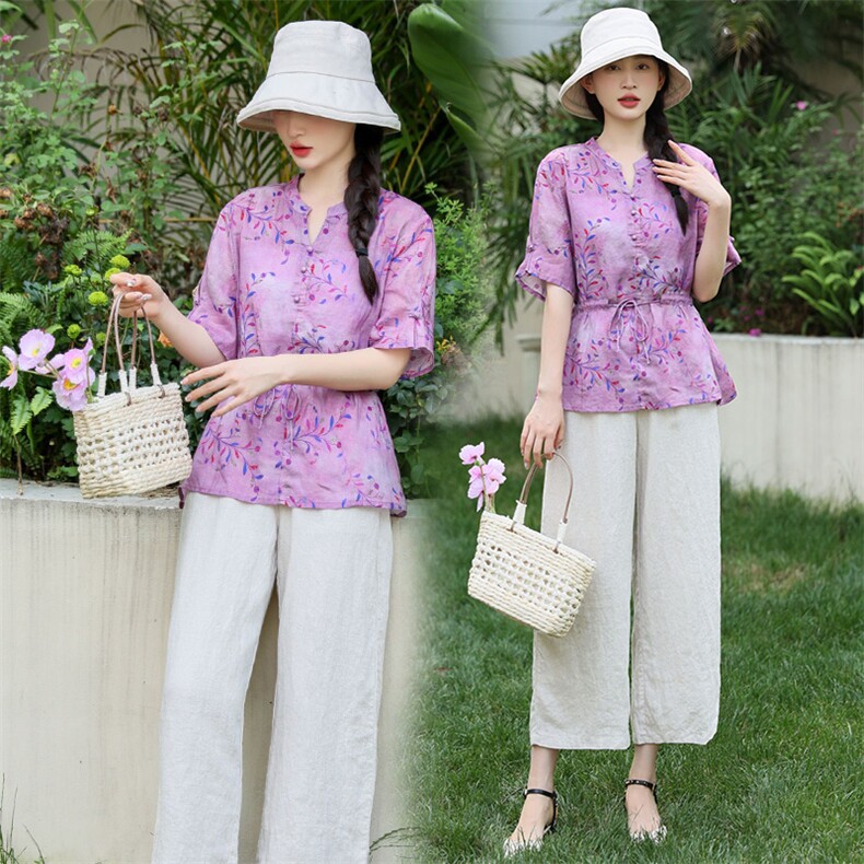 高端苎麻上衣+亚麻裤子两件套2024新款夏装中年妈妈棉麻套装女装，女装套装/套裙，凝聚力