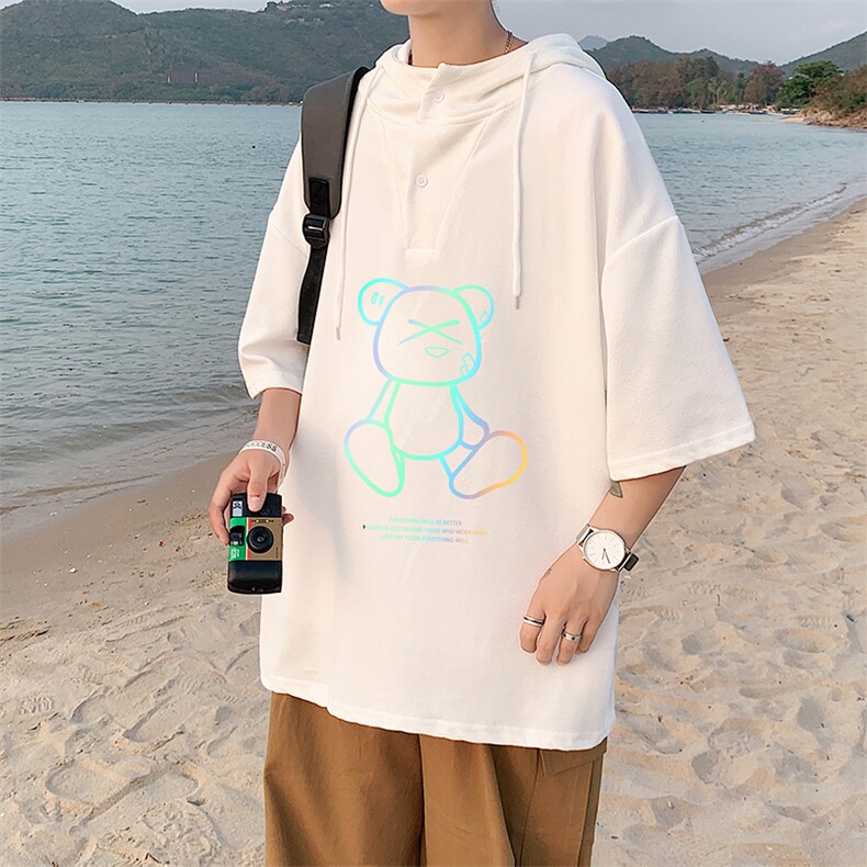 LD54139-P45连帽短袖t恤男大码胖子带帽五分袖中袖,男装T恤,电商A040