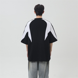 复古撞色拼接条纹t恤潮牌插肩袖黑色短袖男夏季25XT77227特批25图片