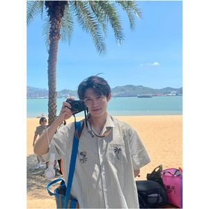 椰树刺绣古巴领条纹短袖衬衫男夏翻领宽松休闲 C336图片
