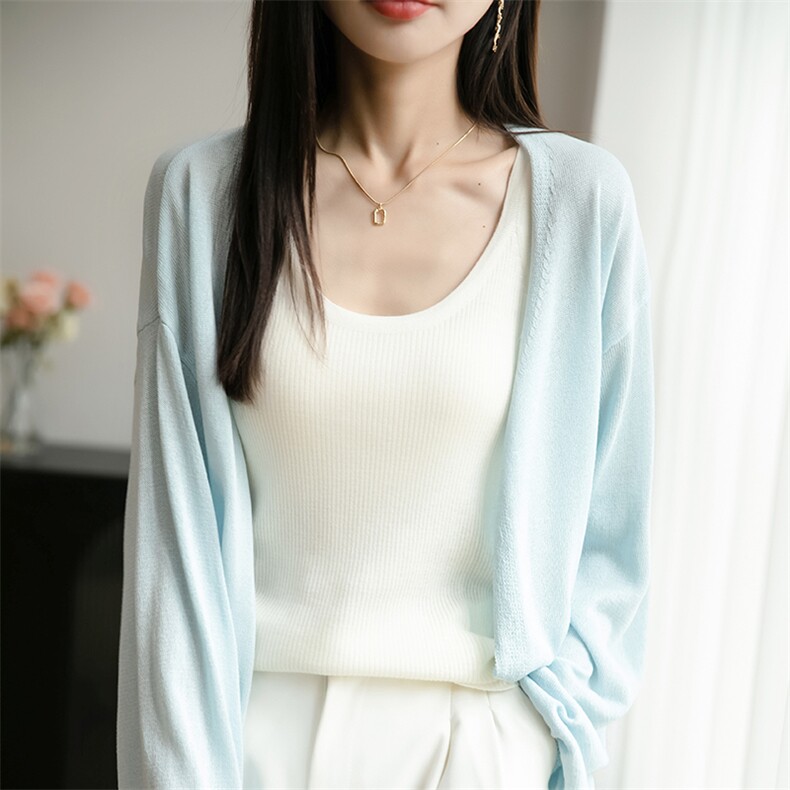 法式V领冰丝针织开衫女长袖防晒衣2025夏薄披肩上衣薄款外穿小衫,针织衫/毛衣,佳绒包芯纱店