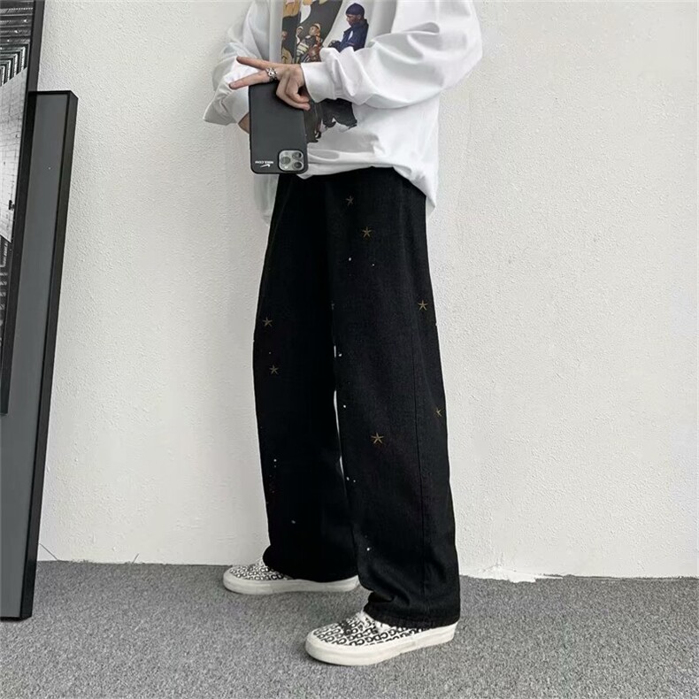 漆点星星刺绣牛仔裤男宽松直筒夏季薄款潮百搭黑色阔腿 K1351-P40图片