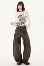 中性风皮裤女秋冬款潮流机能PU皮弯刀裤宽松显瘦阔腿裤YD9068-P75，男装皮裤，星座509