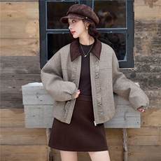 水衣源2902款撞色翻领木耳边羊毛呢外套女冬季夹棉保暖呢子夹克女，女装棉衣/棉服，水衣源