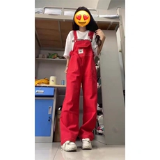 美式复古红色牛仔背带裤女夏季小个子设计感宽松直筒显瘦阔腿长裤，男装休闲裤，星座506A