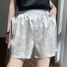夏季烫钻短裤冰丝丝滑质感缎面百搭松紧腰开叉薄款阔腿裤显瘦热裤，女装短裤/热裤，圣丽羊绒