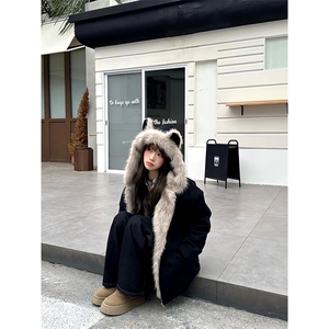 现货重磅硬挺boxy羽绒棉衣座山雕猫耳大毛毛领麂皮棉服冬外套图片