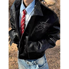 蛇纹PU皮拼接短款垫肩夹克JK068/P140，男装夹克，星座205-3