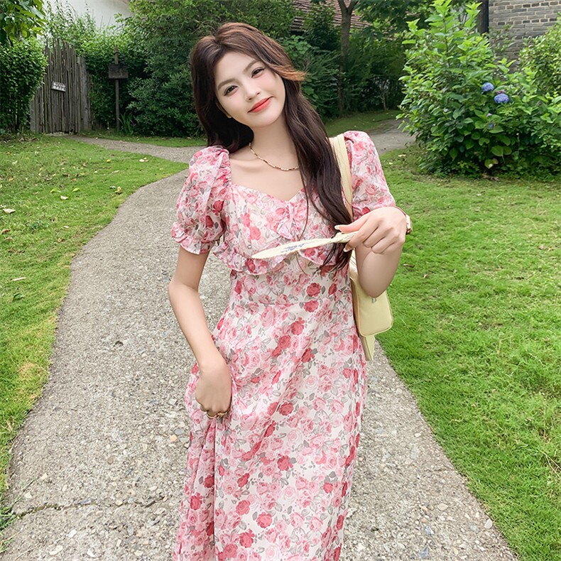 粉色碎花连衣裙夏季女2024新款一字肩法式浪漫宽松显瘦长款仙女裙,女装连衣裙,2C122