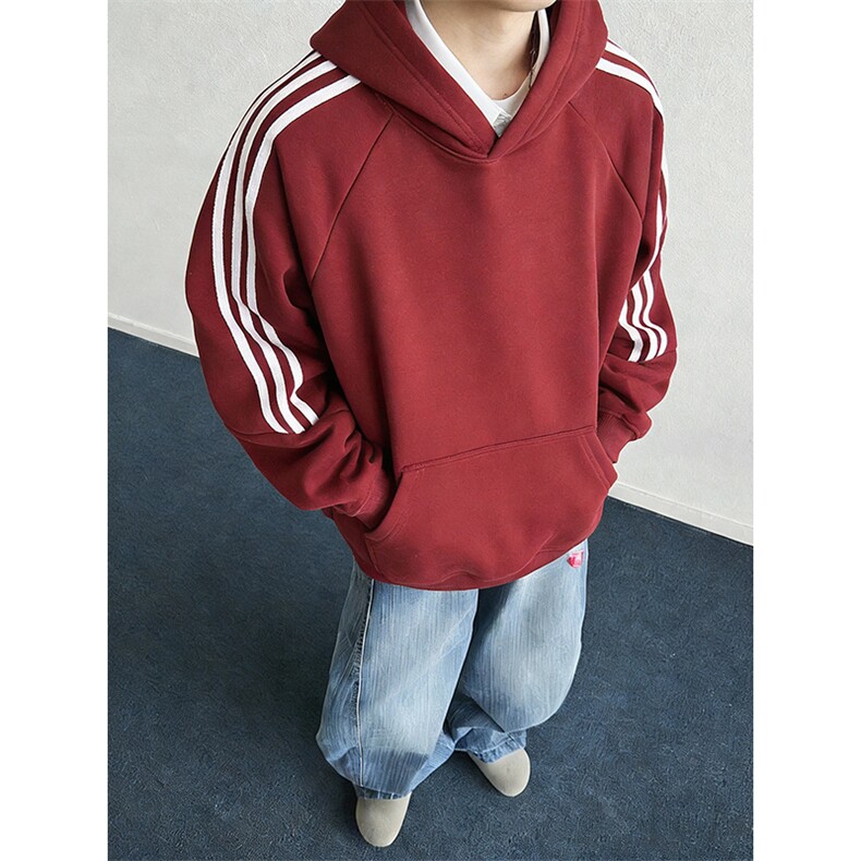 高品质春装新款男女美式高街结构三条杠宽松纯色织带连帽卫衣CM04,男装卫衣,电商A486