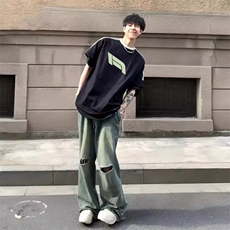 夏季美式高街重磅纯棉三条杠织带撞色男女短袖T恤ZD632-特P30，男装T恤，电商A486-1
