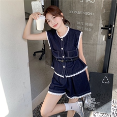 深蓝色蕾丝牛仔背心套装女2025夏季新款韩版小个子休闲短裤两件套，女装套装/套裙，2C325