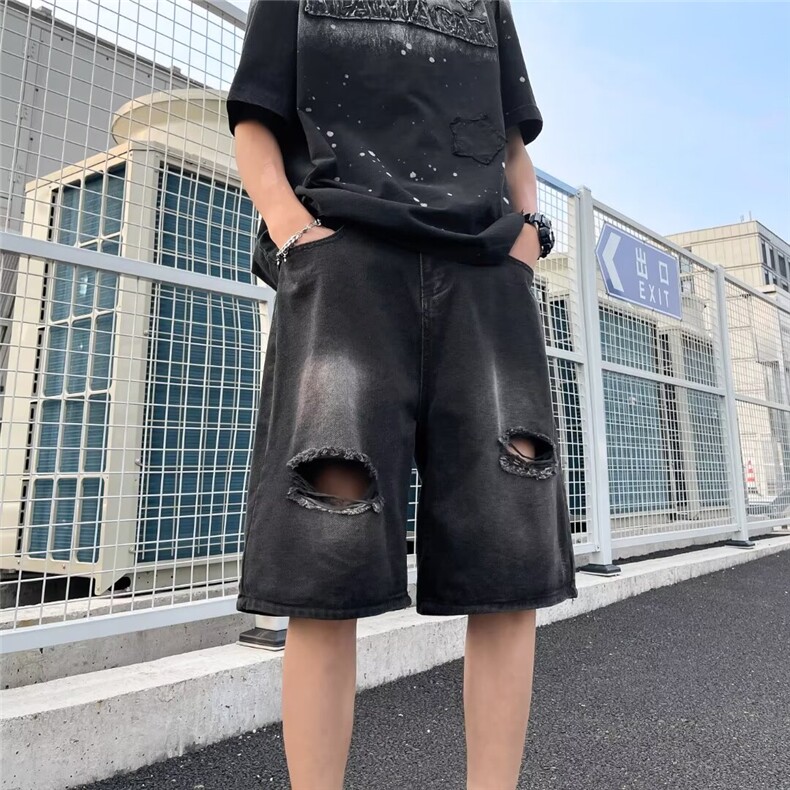 破洞渐变牛仔短裤男夏季美式宽松大码美式五分裤vibe高街五分裤子,男装牛仔裤,星座1013