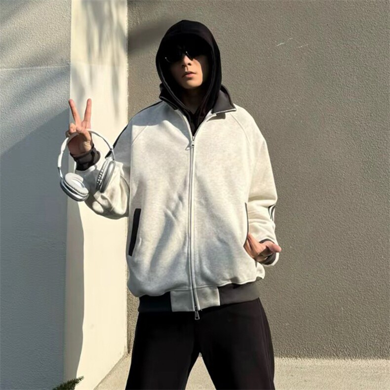 抖音得物高品质美式高街重磅结构设计拼接织带立领卫衣外套CM42,女装短外套,电商A486-1