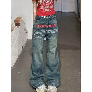 复古牛仔裤男女秋季水洗做旧宽松直筒裤小众设计微喇裤 N0062图片