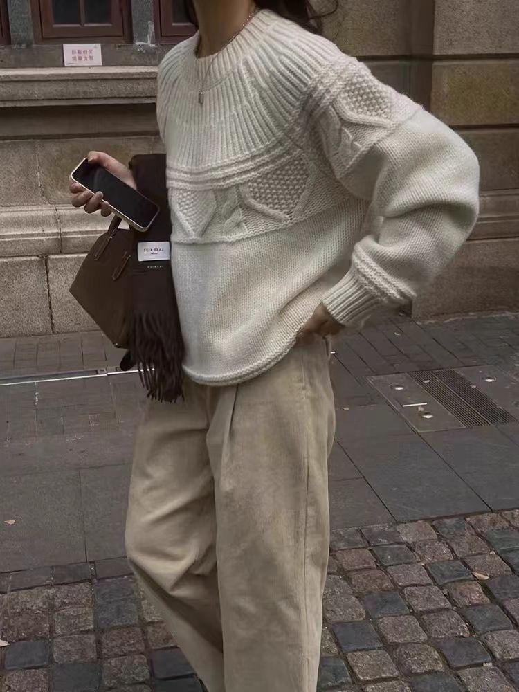 秋季新款舒适显瘦时尚百搭五针锁花圆领针织衫,女装羊毛衫,恒恩羊绒