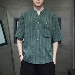新中式风潮T恤短袖衬衫刺绣汉服时尚天丝透气T2420-P65,短袖衬衫和马裤搭配吗图片