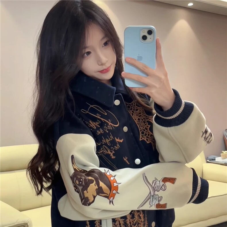 美式复古印花字母拼接PU皮棒球服夹克男女潮牌宽松百搭情侣外套潮,男装夹克,星座601-1