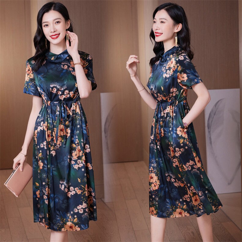 重磅真丝连衣裙女妈妈装真丝2026年夏季新款收腰印花裙子A23032,女装连衣裙,阿舍尔精品