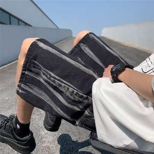 扎染牛仔短裤男日系复古条纹裤子夏季五分裤直筒宽松休闲中裤裤衩,五十多岁日系穿搭图片