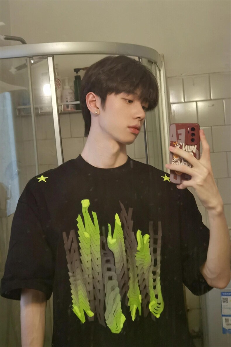 欧美高街重磅硬挺t恤男生夏季穿搭ootd短袖美式潮牌小领口七分袖,男装T恤,四季星座1015