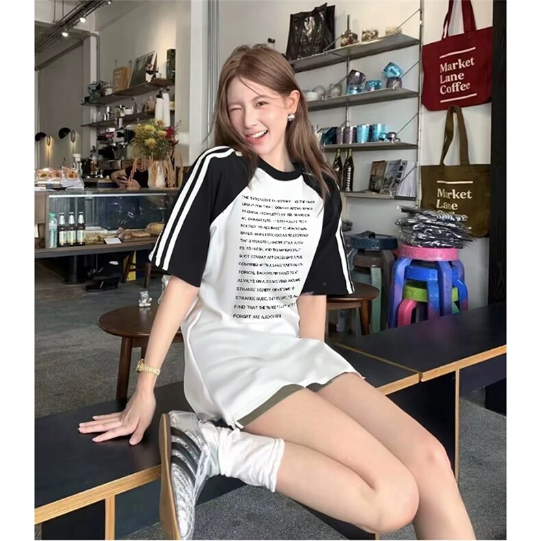 抖音得物品质二开240克宽松纯棉美式潮牌插肩三杠织带短袖T恤图片