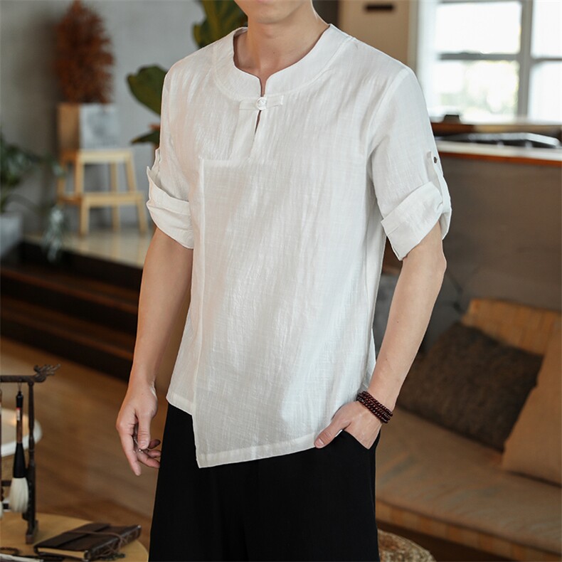 风夏盘扣宽松短袖纯色休闲T恤汉服大码七分袖上衣男 M139 P40图片