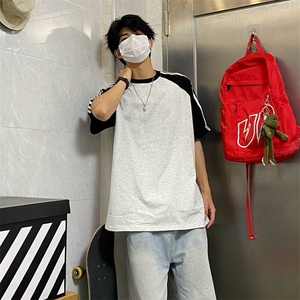 抖音得物品质二开240克宽松纯棉美式潮牌插肩三杠织带短袖T恤图片
