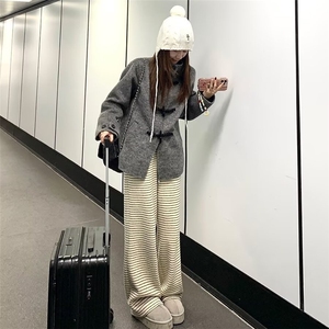 休闲裤女2025新款秋季慵懒风垂感条纹阔腿裤子可外穿宽松长裤图片