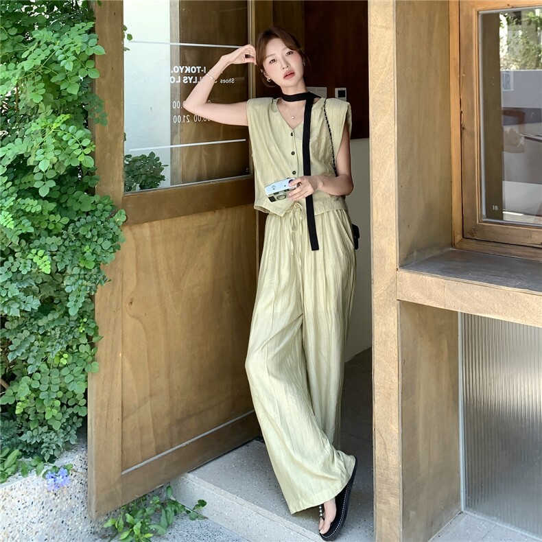 设计感韩系v领马甲高腰阔腿裤套装女2025夏季新款气质显瘦两件套,女装套装/套裙,2C203