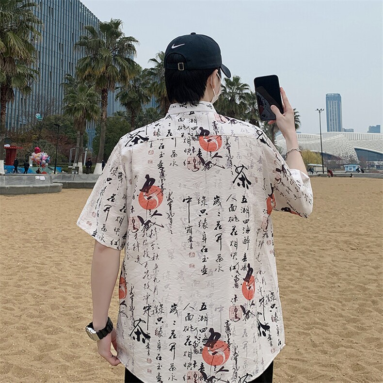 盘扣花纹短袖衬衫男复古唐装新中式风衬衣潮7010P40,男装衬衫,电商A056