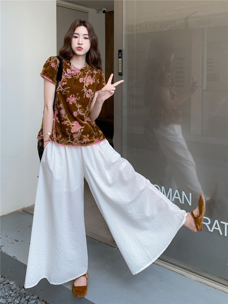 金丝绒碎花新中式国风上衣阔腿裤套装女夏大方得体两件套巨好看,女装套装/套裙,蝶眷