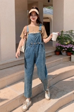 美式复古牛仔背带裤女2023夏季新款韩版小个子显瘦减龄工装九分裤，女装休闲裤，2C037