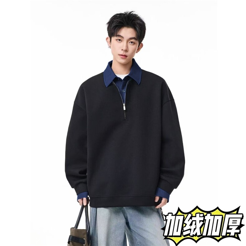 韩系假两件牛仔衬衫领拼接polo衫卫衣男生高级感宽松休闲长袖上衣,男装衬衫,星座715-4
