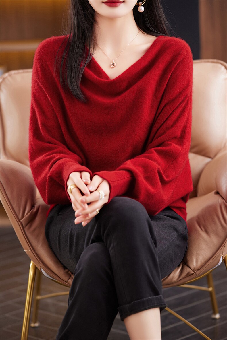 时尚宽松蝙蝠袖羊毛衫百搭显瘦纯色毛衣,女装羊毛衫,丽特绒