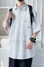 货足8XL-M2023夏季新款美式高街条纹短袖衬衫男胖子衬衣加肥加大，男装衬衫，钱塘717(原712)