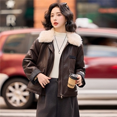 时尚洋气毛领短款皮衣女25冬新款ins潮加绒加厚拼接气质皮衣外套，女装皮衣，跑量工厂店